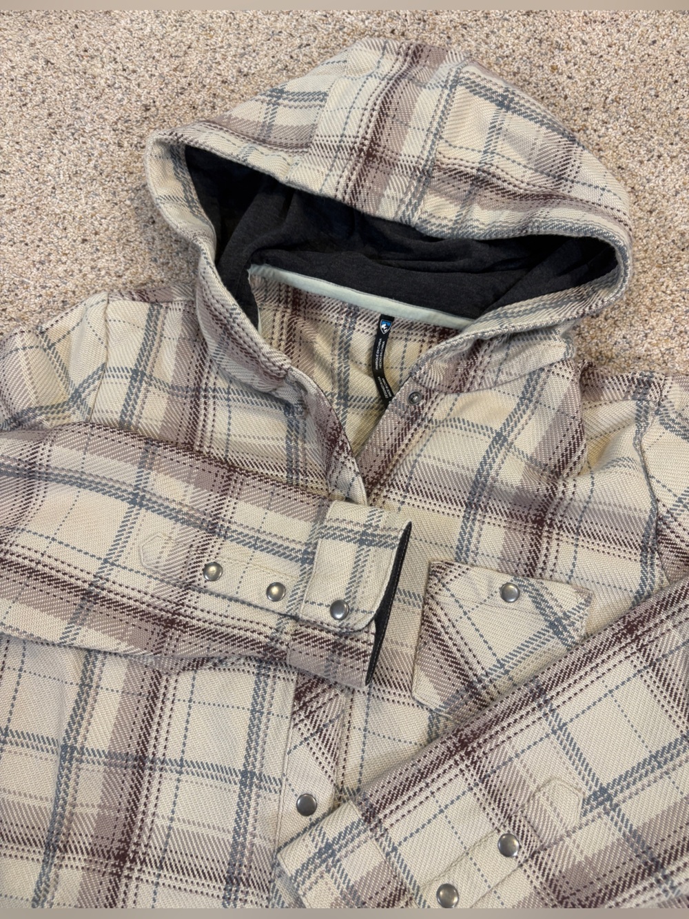 Kuhl Women's Hooded Plaid Shirt Jacket - Cream, Brown & Gray Cabincore
